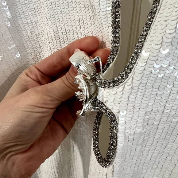 Self-Portrait White Sequin Mini Dress Flower Rhinestone - Picture 5 of 13